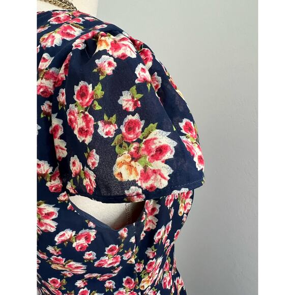 BETSEY JOHNSON Fit & Flare V Neck Dress Blue Pink White Floral Georgette Sz 8 - Picture 7 of 10